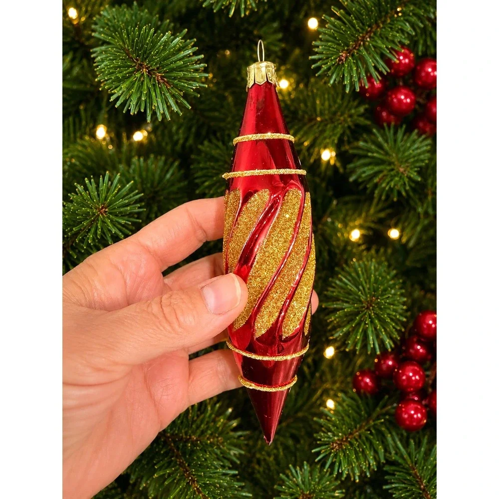 Pier 1 Imports Red Gold Glitter Swirl Glass Drop Christmas Ornaments Set of 2